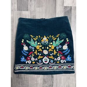 Simplee Corduroy Mini Skirt Women L  Embroidered Floral Boho Cottagecore Green